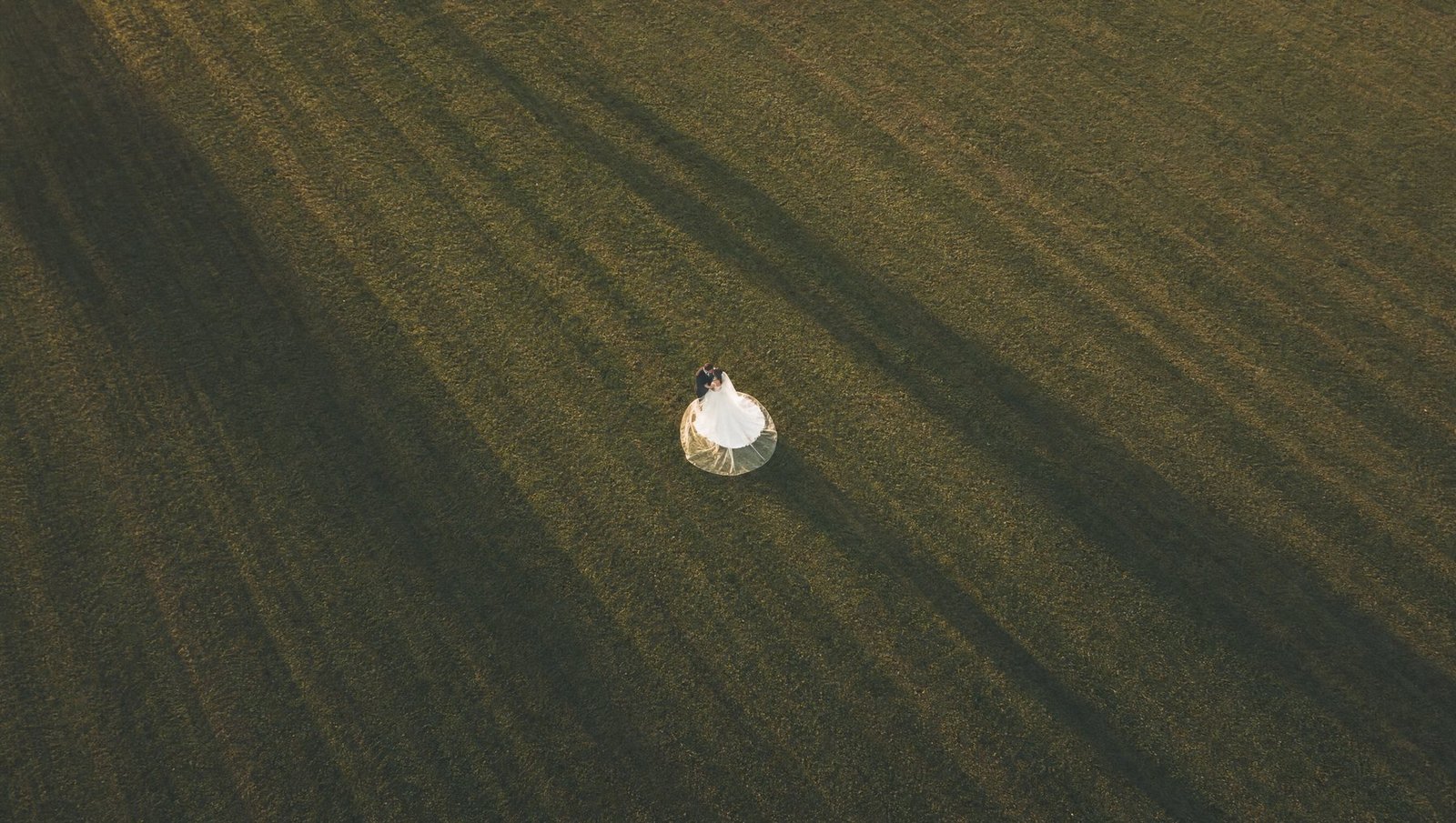 Vista aérea dos noivos sozinhos no campo