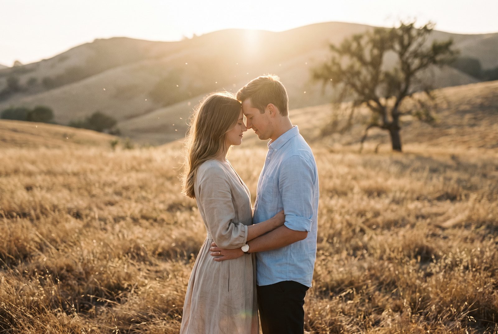 Ensaio de casal no campo ao entardecer