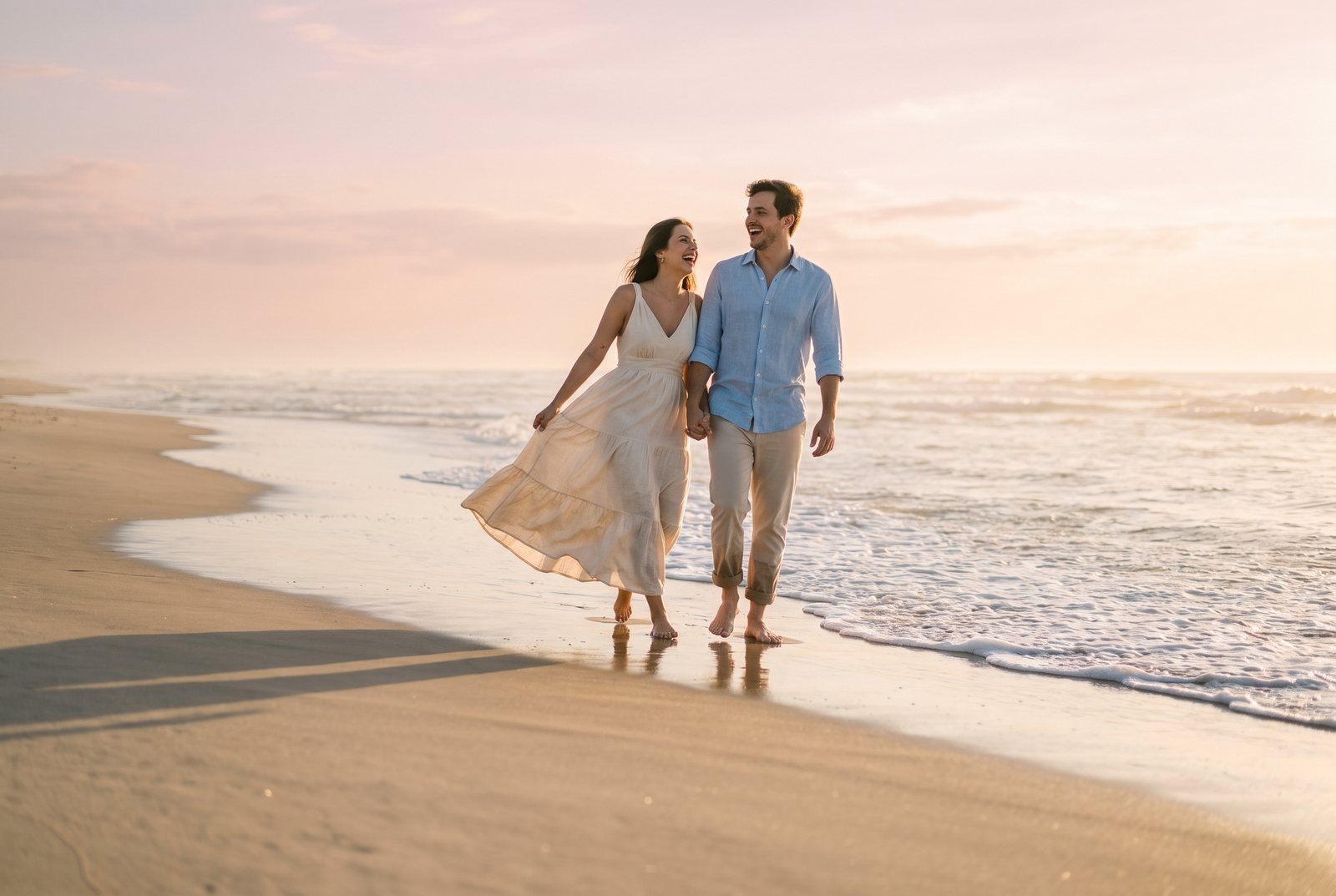 Ensaio de casal na praia ao pôr do sol