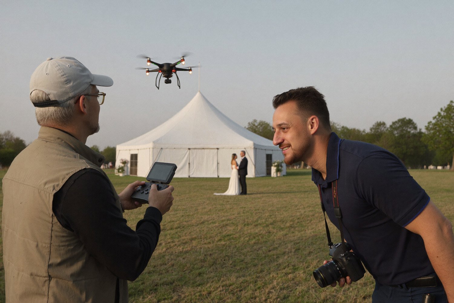 Irineu acompanhando o piloto de drone durante o evento